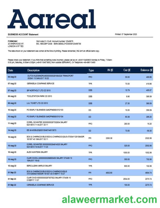 Aareal Bank firm account statement Word and PDF template